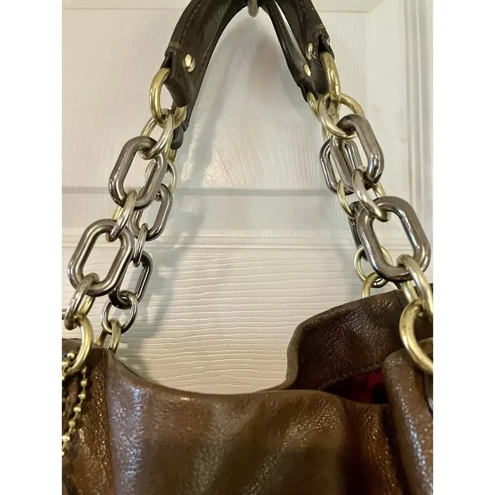Y2K Coach Tote Bag Purse Brown Leather Kristin Gold Buckle Chain XL Hobo Bag